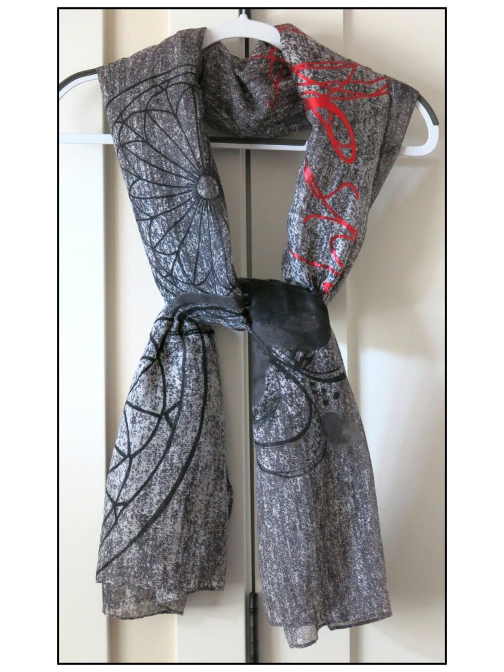 DESIGUAL Adhara Large Rectangular Scarf Foulard Gray Metallic Red Lettering